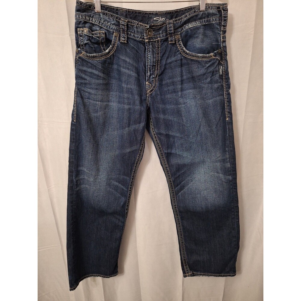 Silver Jeans Men's 36x30 Gordie Blue Denim Thick Stitch Whiskered Faded Grunge